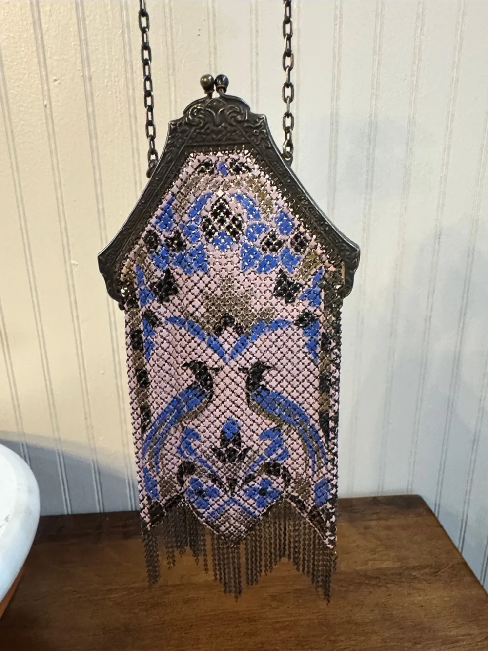 Antique Mandalian Mesh Enamel Flapper Purse Birds w/ Fringe